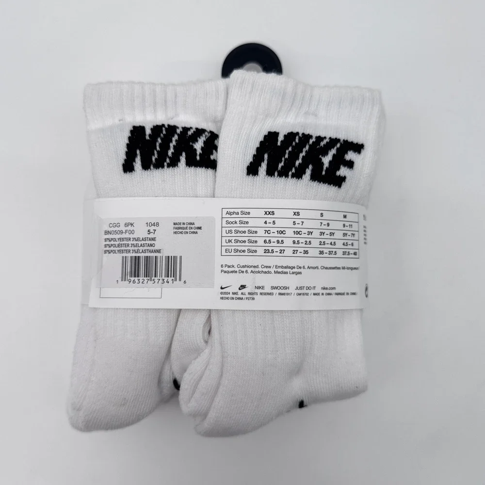 Nike Crew Socks Youth XS White 6 Pack Everyday Cushioned BN0509-F00